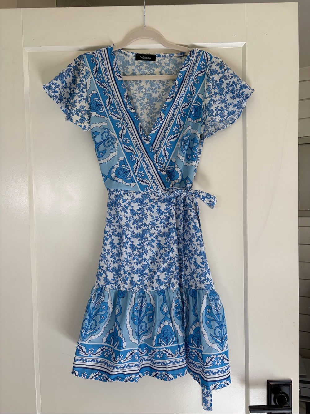Blue Floral Wrap Midi Dress with Tie Waist